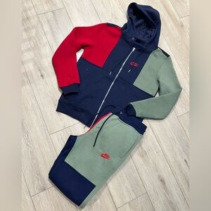 Nike blue and red colorblock hoodie and joggers set.